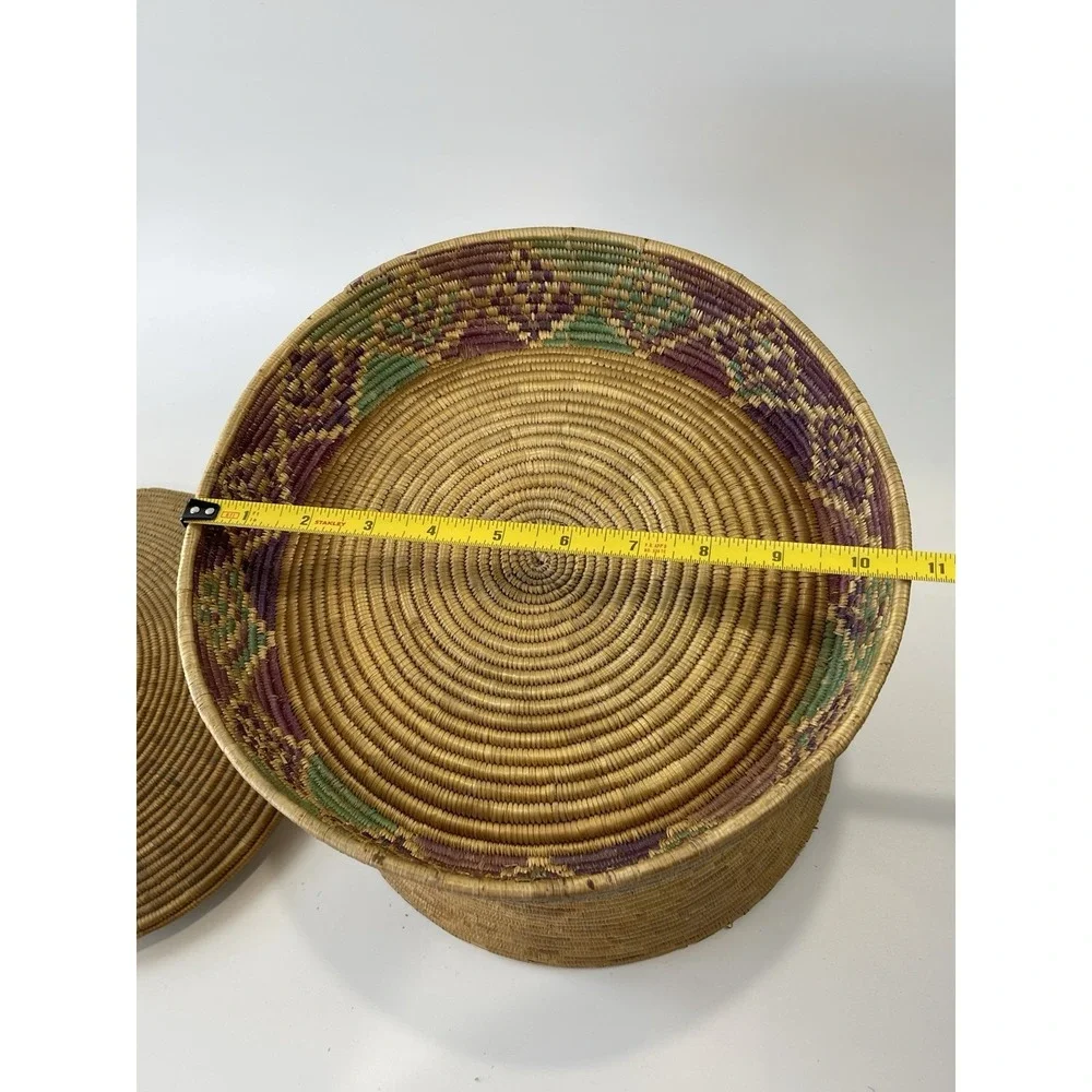 Vintage African Style Handwoven Coil‎ Lidded Basket W/ Colorful Interior Design